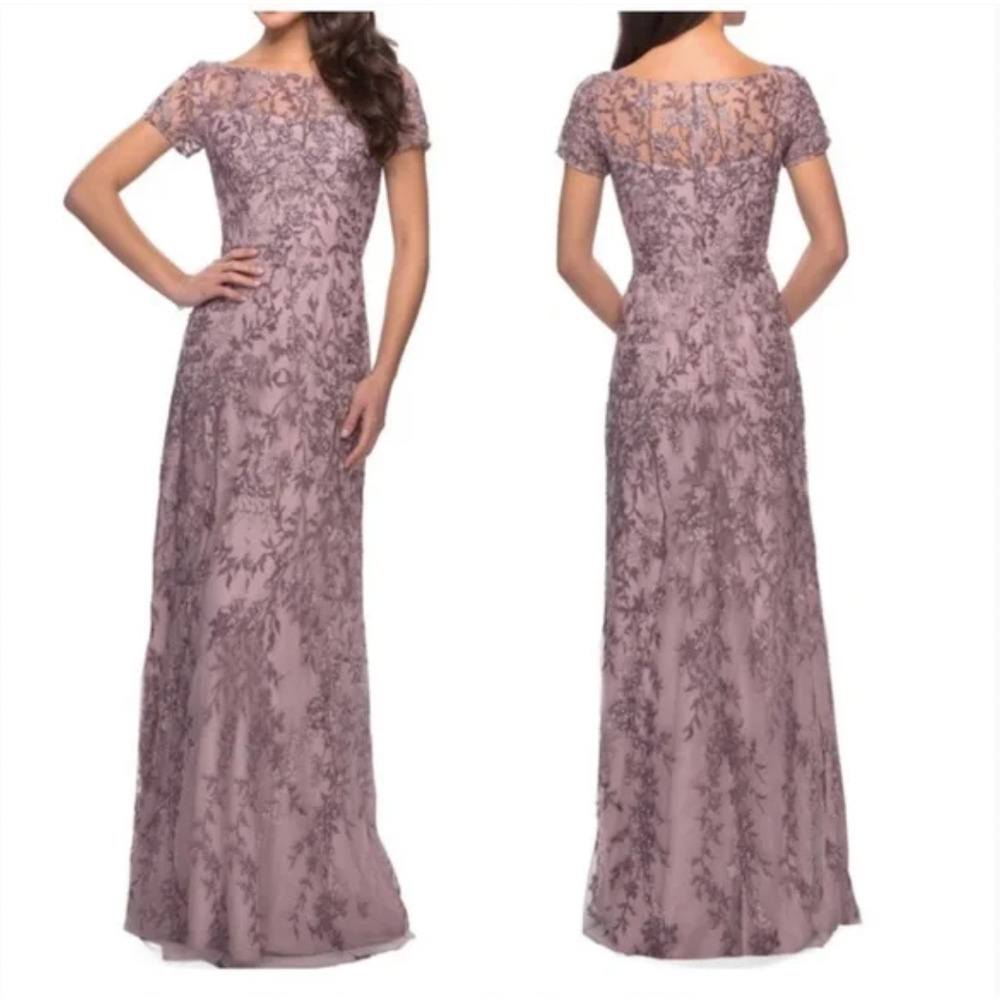 La Femme | Dusty Lilac Lace Column Beaded Gown, Sz 6